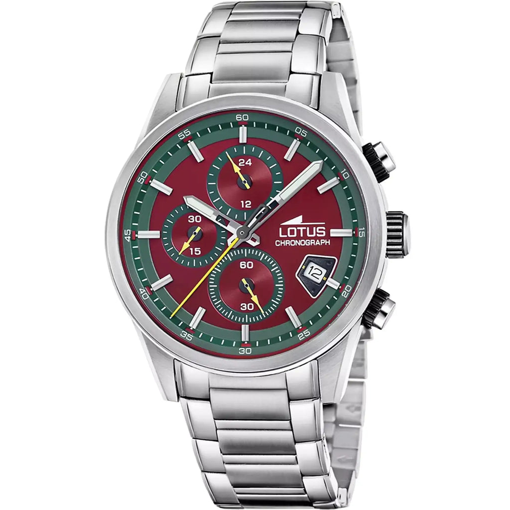 Reloj para hombre Lotus Pulse Collection 19084/4, cuenta con una vibrante caja roja, correa de acero inoxidable duradero y piel sintética, movimiento de cuarzo y resistencia al agua de 5 ATM, perfecto tanto para ocasiones informales como formales.