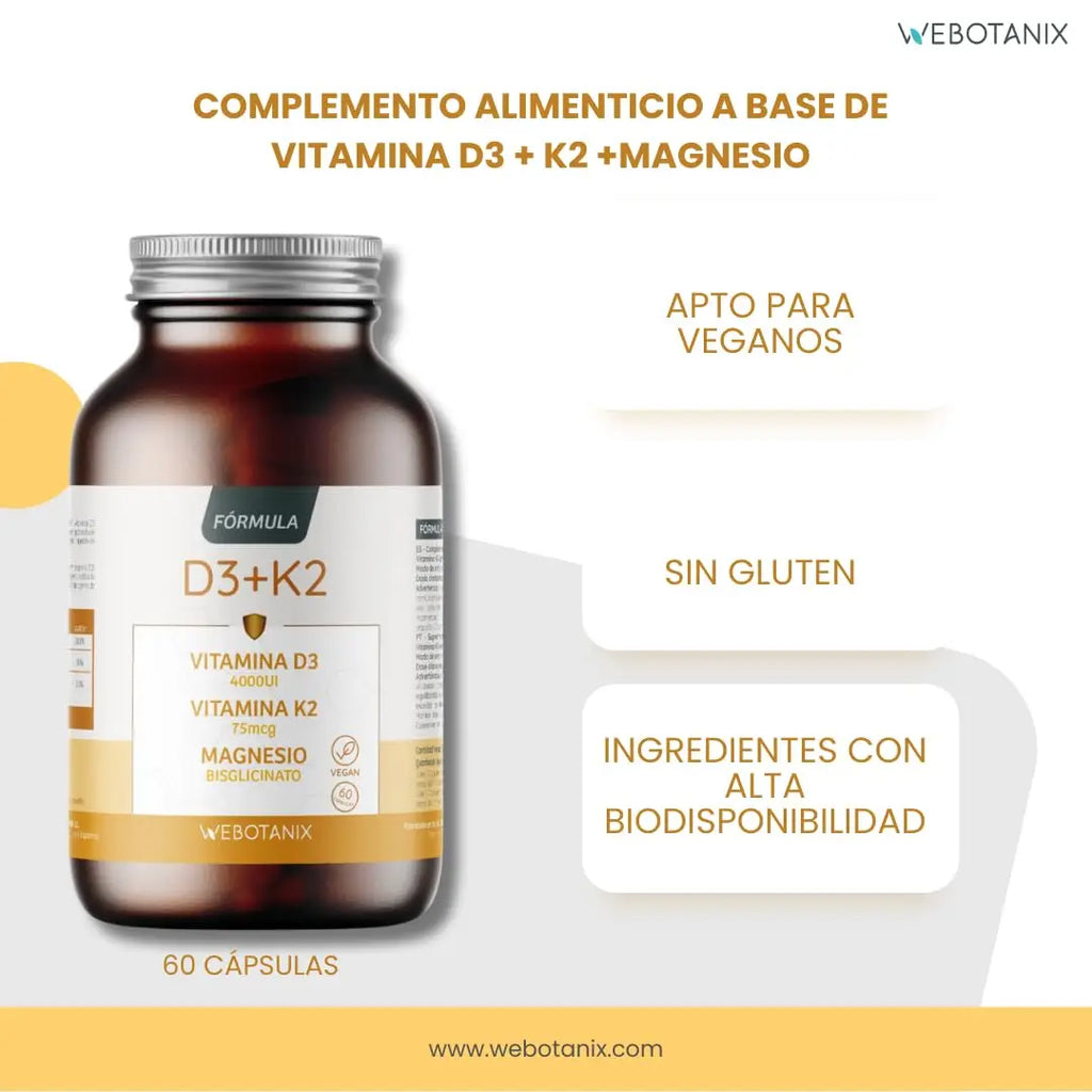 WeBotanix  Fórmula Vitamina D3 y K2 4000 UI con Magnesio  Colecalciferol, Menaquinona-7 y Bisglicinato de Magnesio  Alta Absorción  60 Cápsulas  Salud Ósea, Muscular e Inmunitaria  Vegano