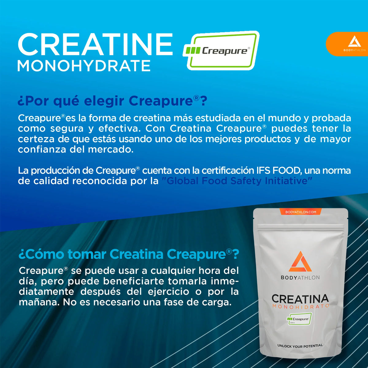 Bodyathlon - Creatina CREAPURE Polvo 500g- 166 Porciones- Calidad garantizada- 3000mg Creatina Monihidratada Creapure en polvo pura- Aumenta tu masa muscular- Sin sabor- Con dosificador
