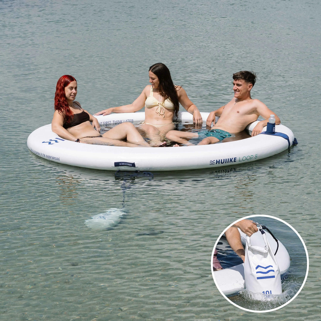 HUIIKE Anillo Hinchable de 2,44 m para 4 Personas y hasta 280 kg con Accesorios Incluidos, Inflador, Ancla de Arena, 2 Soportes para Bebida y Mochila. Plataforma Flotante para Adultos y Niños