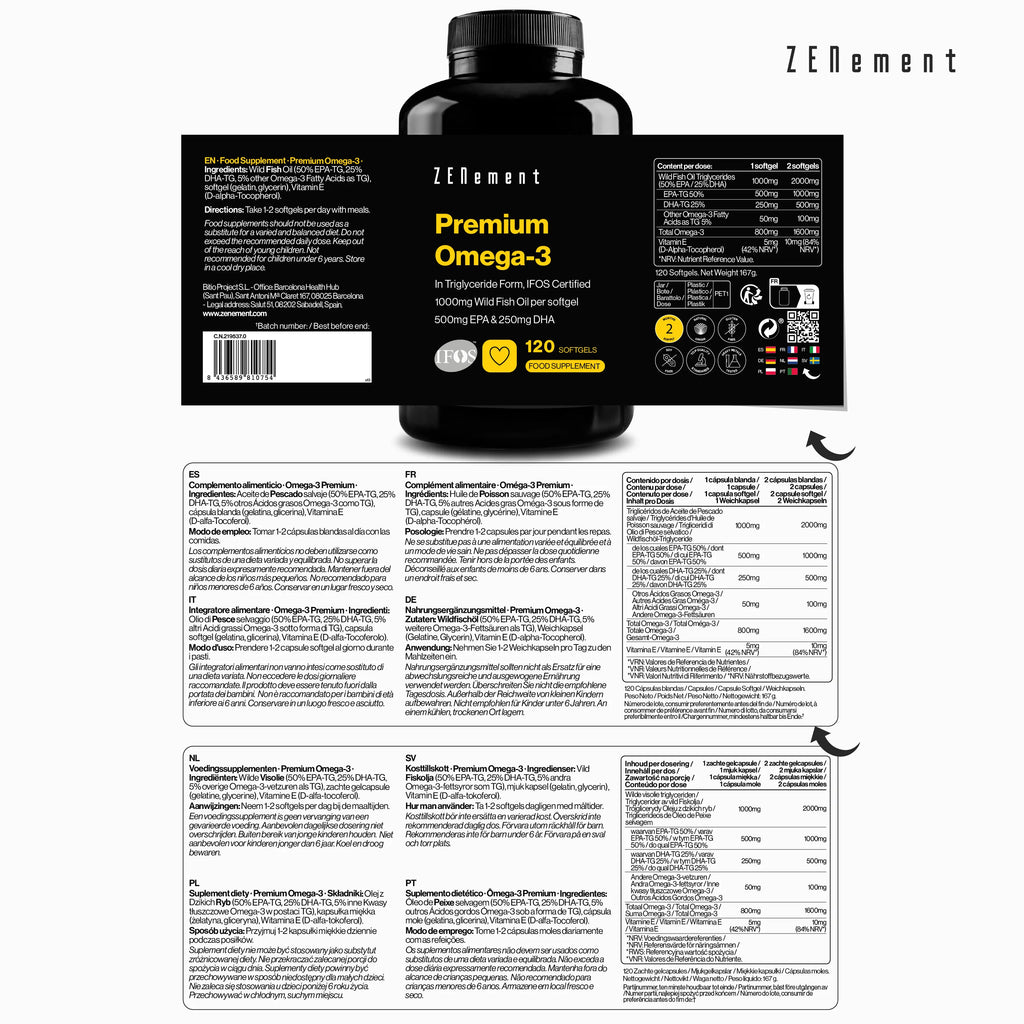 Omega-3 Premium en Forma de Triglicéridos, Certificado IFOS - 120 Cápsulas blandas Zenement