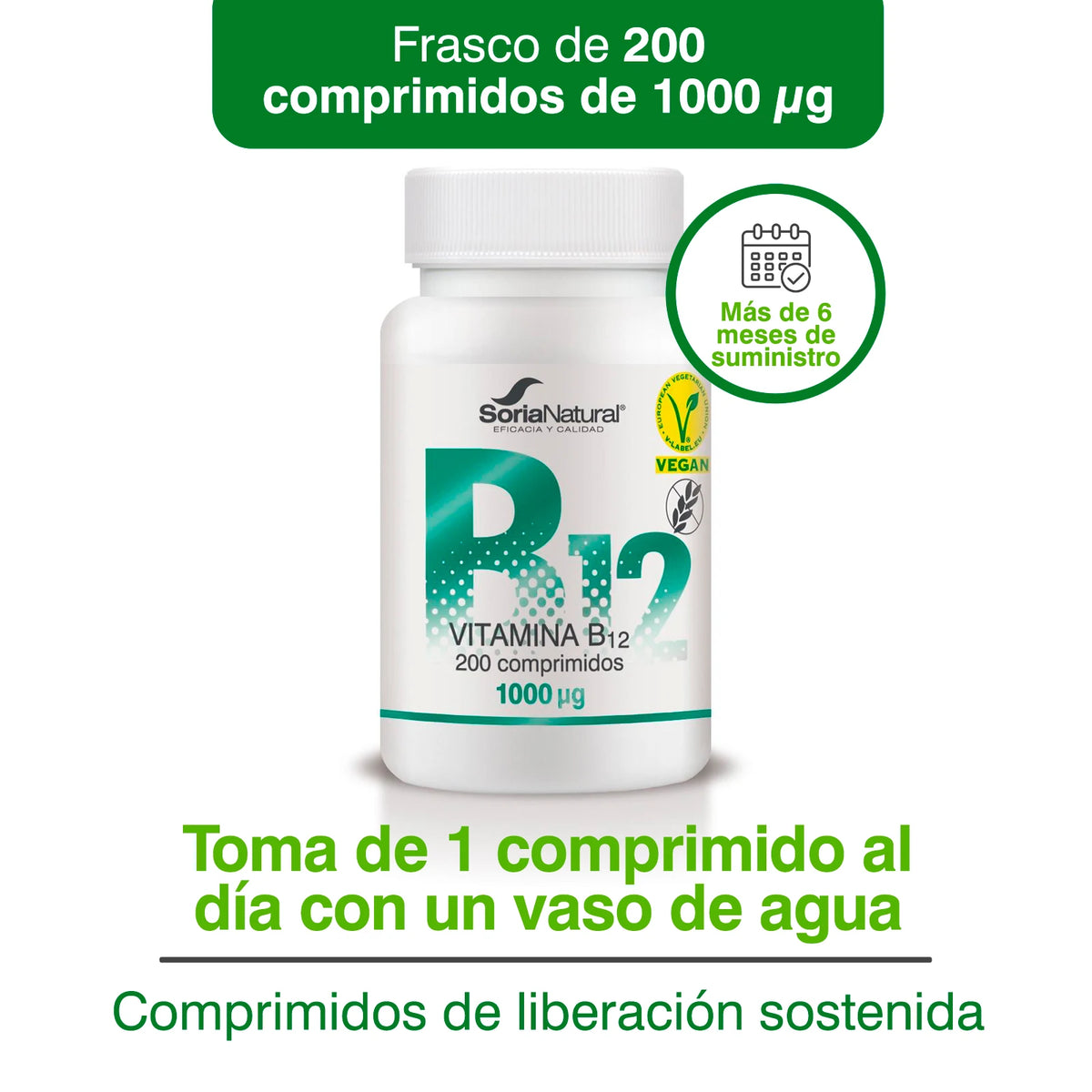 Vitamina B12 1000μg Soria Natural - 200 comprimidos para +6 Meses
