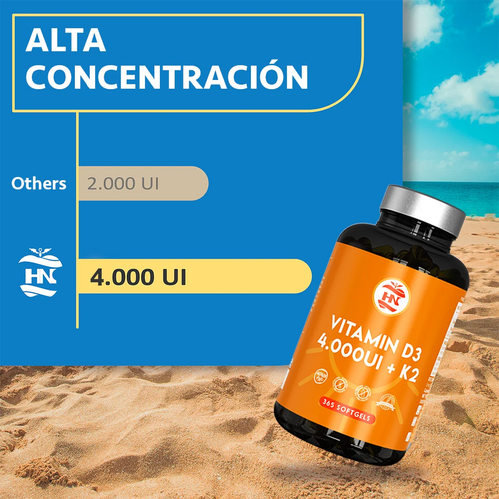 Vitamina D3 + K2 - 365 Cápsulas - Vitamina D3 4000 UI (100 µg) con Vitamina K2 MK-7 - Complemento Alimenticio
