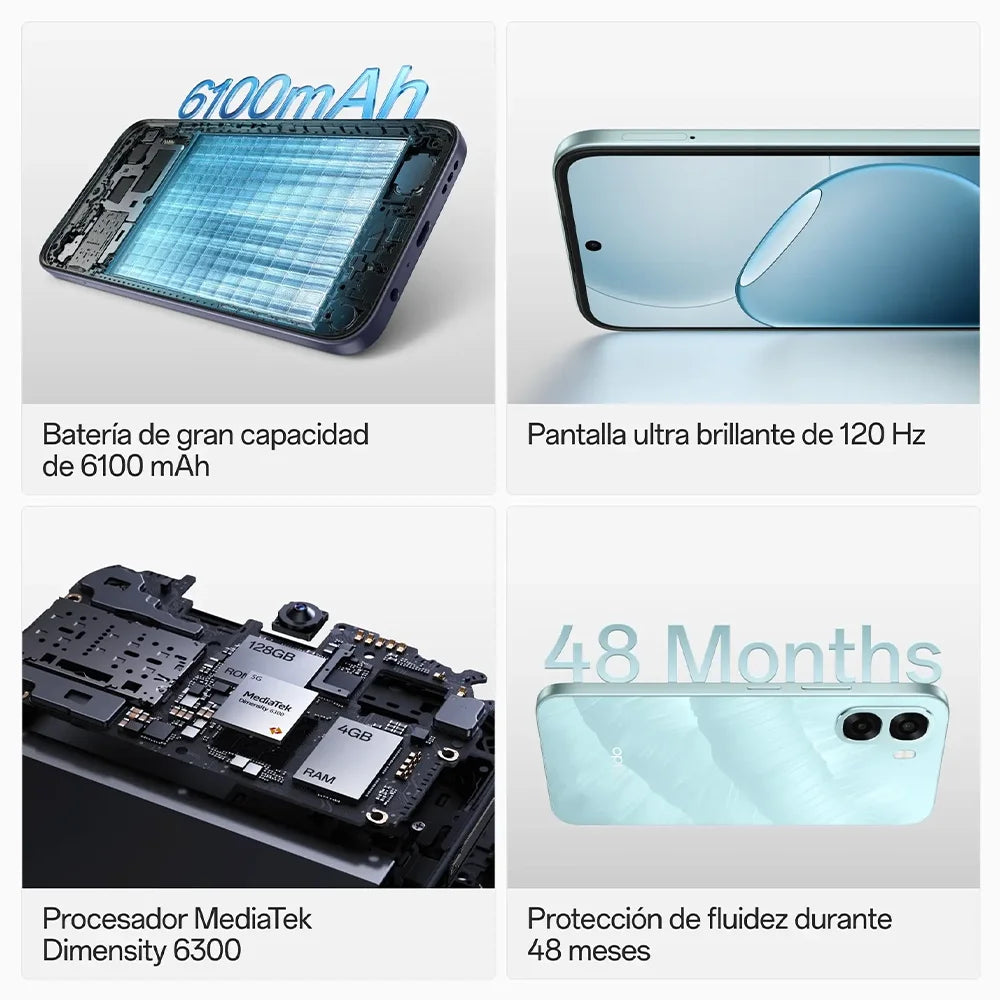 Smartphone OPPO A6X 5G, LCD de 6,75" 120Hz, MediaTek Dimensity 6300, cámara de 50MP, batería de 6100mAh, IP64, NFC, Android, Dual SIM, opciones de 4GB/128GB o 6GB/256GB disponibles, perfecto para el uso diario y juegos.