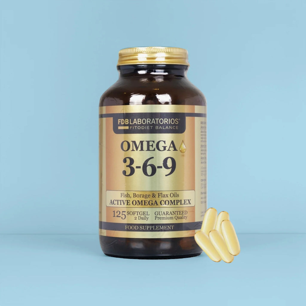 🎀FDB omega 3 6 9-Fish,Borage & Flax Oils active omega complex|Rich in vitamin E|125 cápsulas blandas