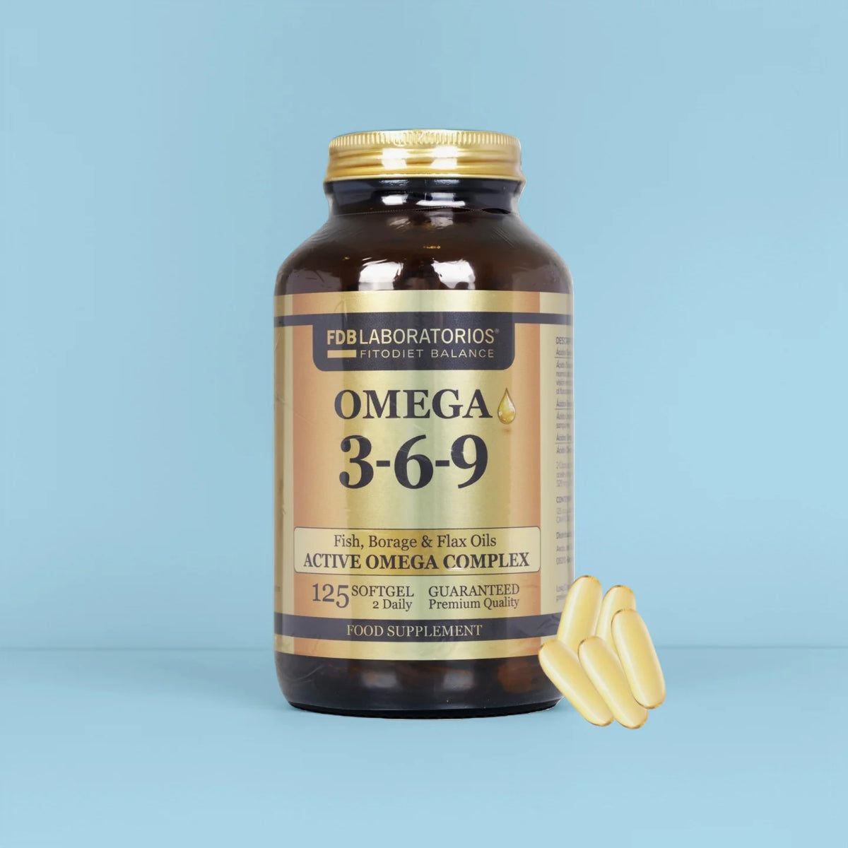 🎀FDB omega 3 6 9-Fish,Borage & Flax Oils active omega complex|Rich in vitamin E|125 cápsulas blandas