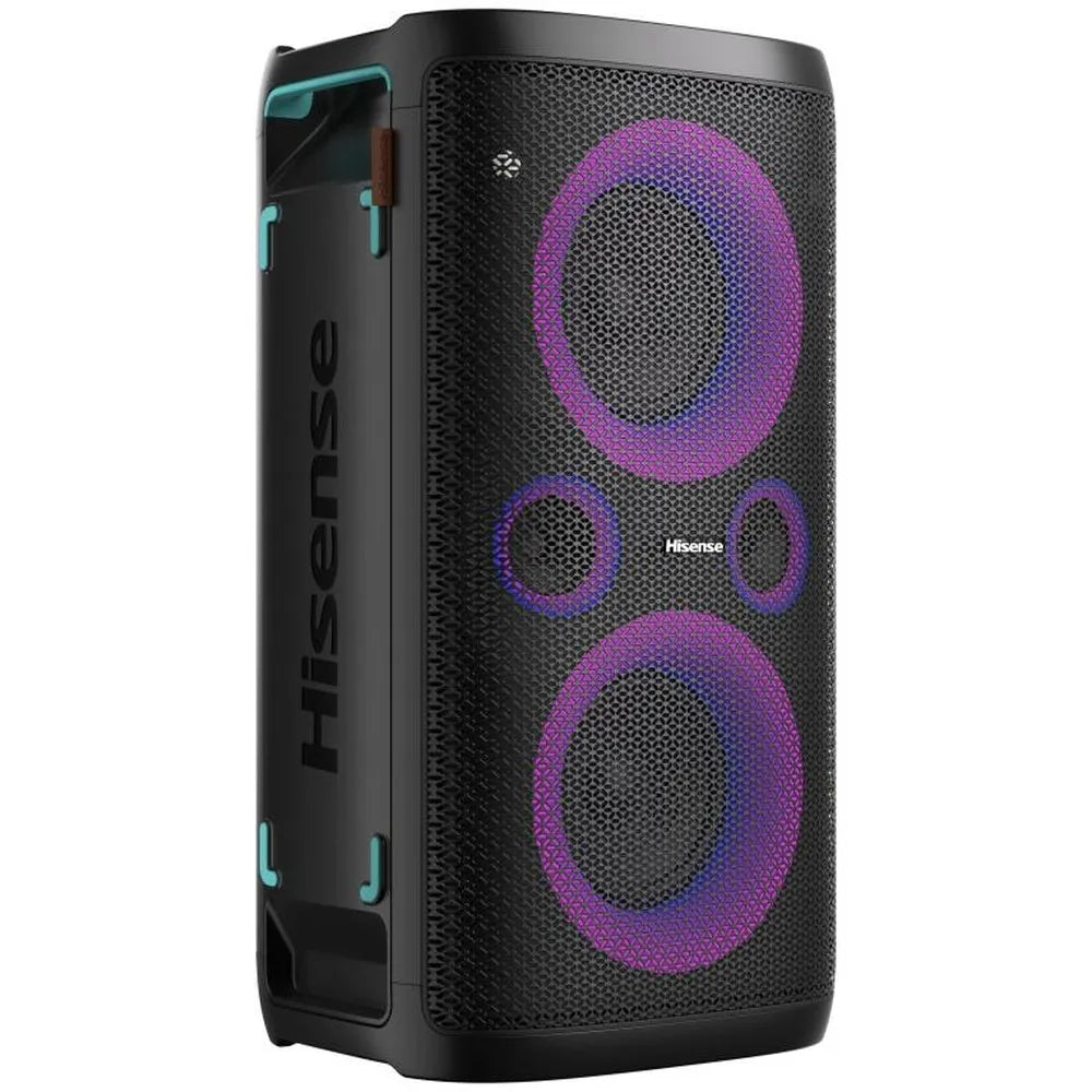 Hisense Party Storm Wireless Speaker 300W, powerful portable speaker with 15h battery life, Bluetooth 5.0, waterproof design, and LED lighting, perfect for parties and includes aux input.