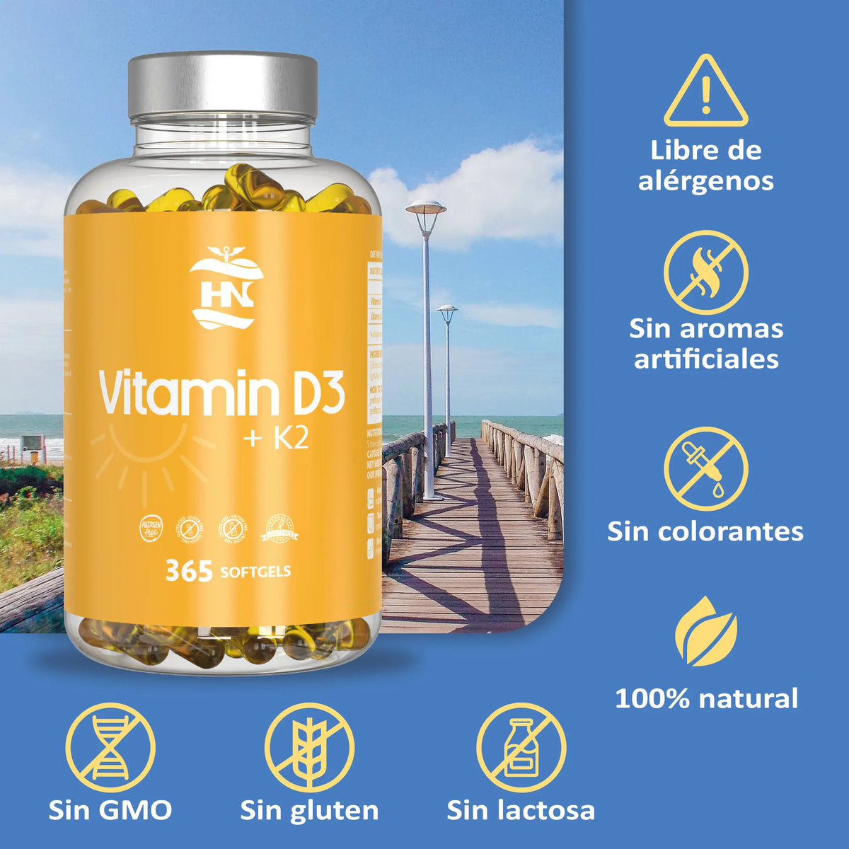 HN Healthy Nutrition Pack Omega 3 Aceite de Pescado (120 Perlas) + Vitamina D3 5000 UI y K2 (365 Cápsulas)