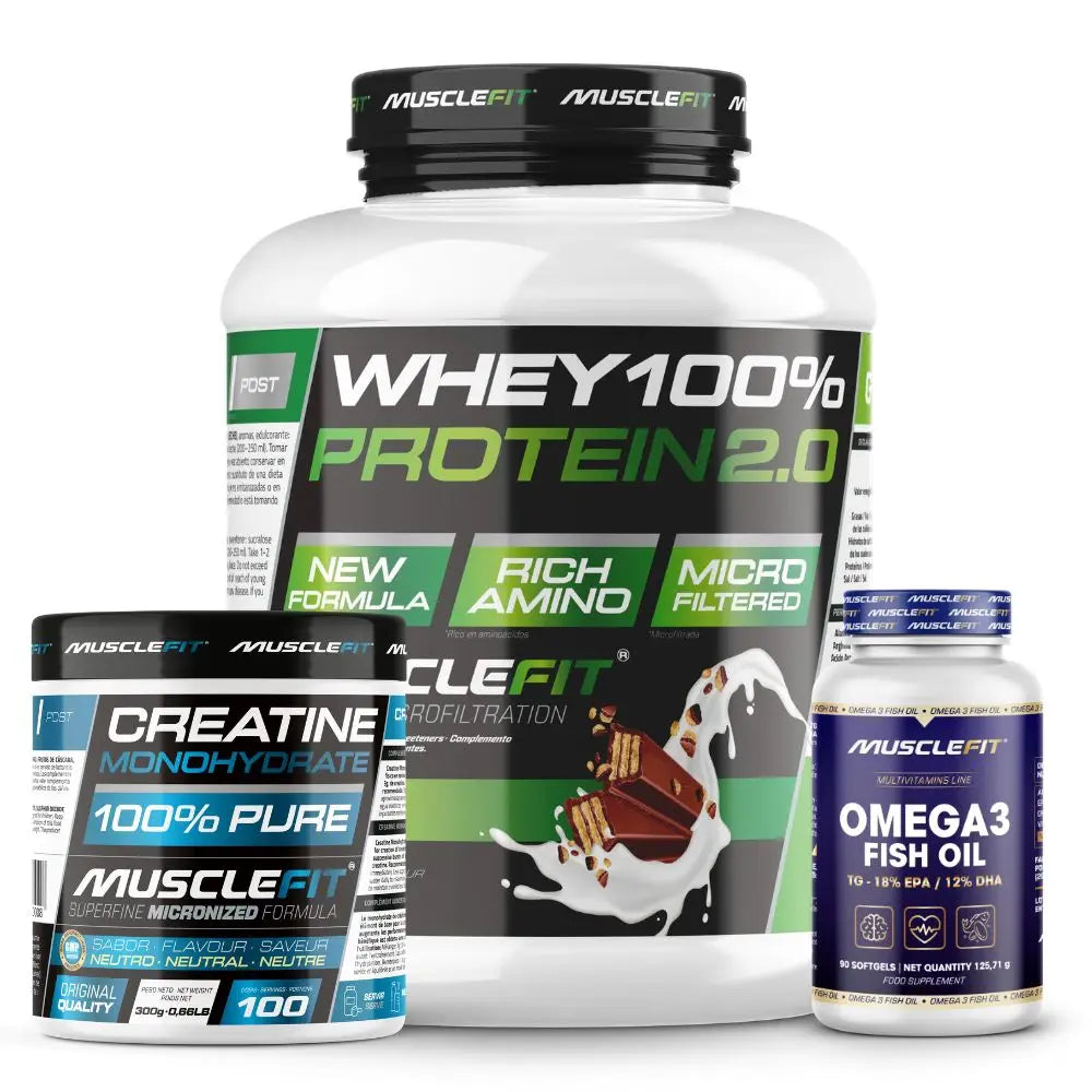 Pack Proteína WHEY 2kg + Creatina 300g + Omega 3 90cáps - Musclefit  Avance Muscular│Mas musculos│Vitaminas