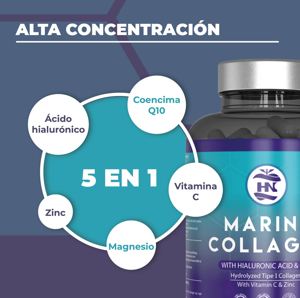 HN Healthy Nutrition Colágeno Marino Hidrolizado con Ácido Hialurónico, Vitamina C, Coenzima Q10, Zinc y Magnesio - 120 Cápsulas - Complemento Alimenticio