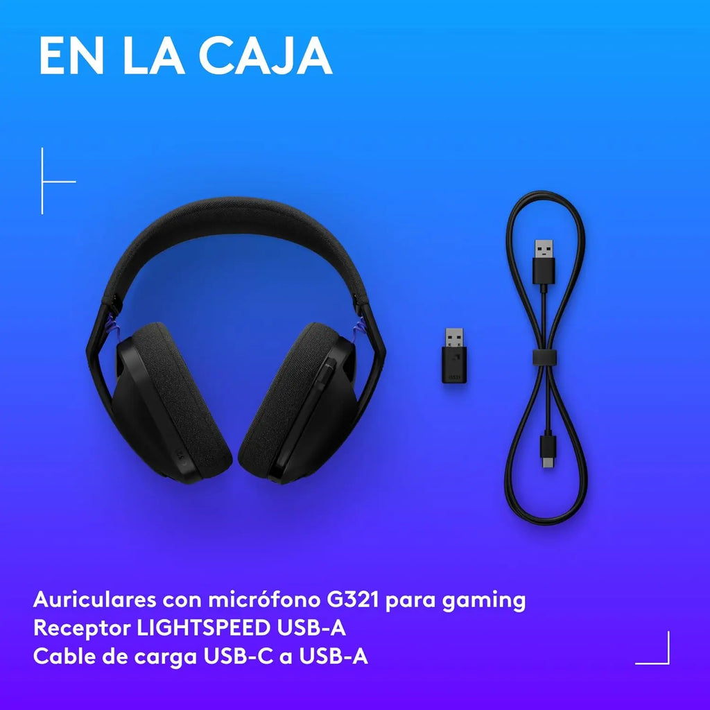 Auriculares inalámbricos para juegos Logitech G321 Lightspeed negros con Bluetooth 5.2, transductores de 40 mm, 20 horas de duración de batería, diseño ligero, micrófono con función de silencio abatible para PC, PS5 y Nintendo Switch.
