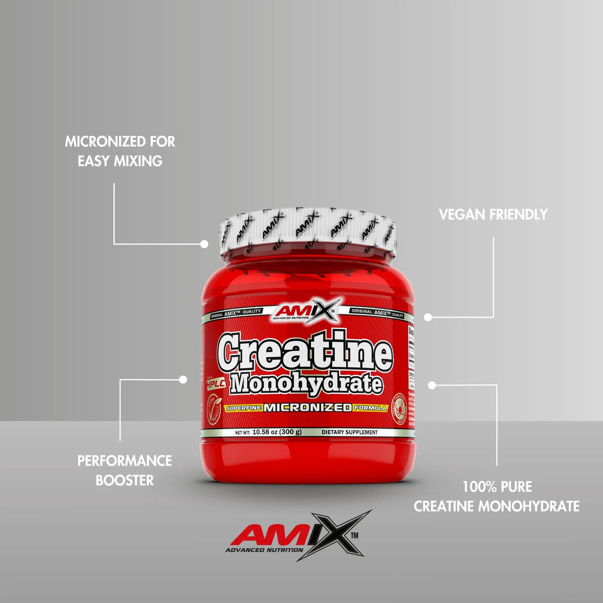 Amix Creatine Monohydrate 300 gramos - 100% Creatina Monohidrato Micronizada - Resíntesis Aguda de ATP y Voluminización Intracelular - Incremento de Fuerza Explosiva y Potencia