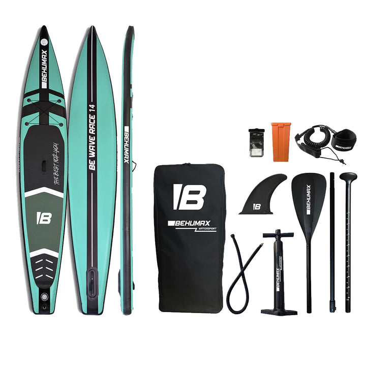 BEHUMAX - Tabla Paddle Surf Be Wave Race 14 inflable Dropstitch 18 PSI con remo aluminio y bomba doble acción