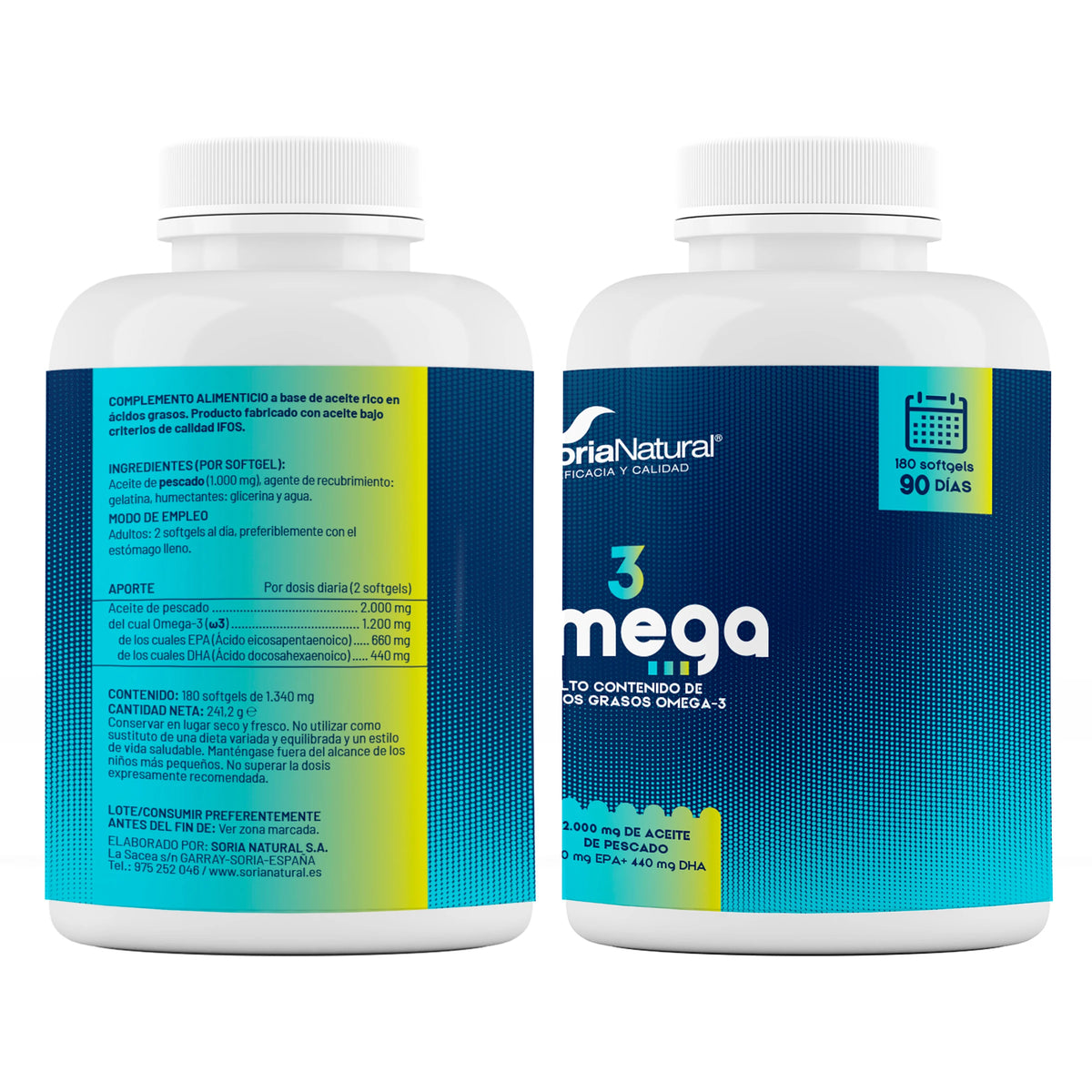 Omega-3 con EPA y DHA Soria Natural - Aceite de pescado - Alto Contenido en Ácidos Grasos Omega 3 - Salud Cardiovascular - Bienestar diario - 180 perlas de 1340 mg