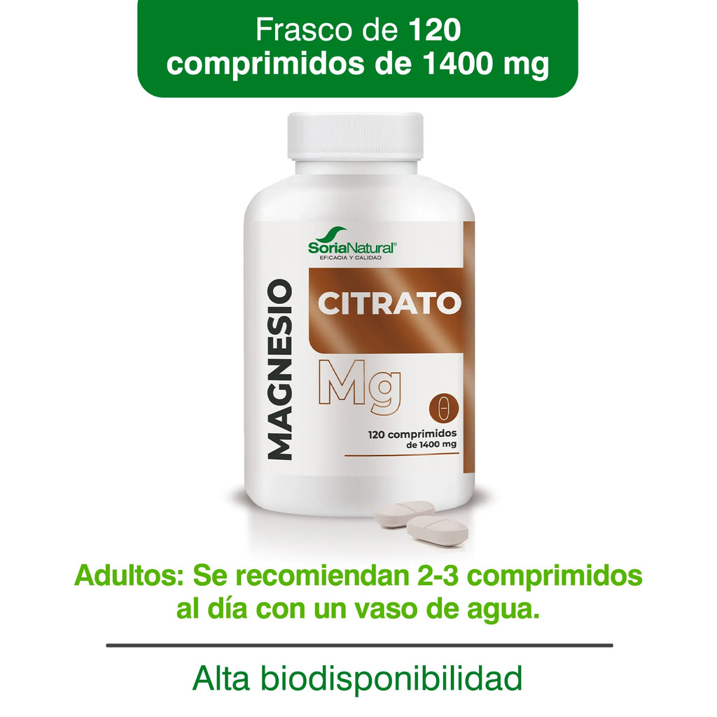 Soria Natural Magnesio Citrato de ALTA ABSORCIÓN - Complemento Alimenticio para Músculos, Huesos Energía y Sistema Nervioso - 120 comprimidos