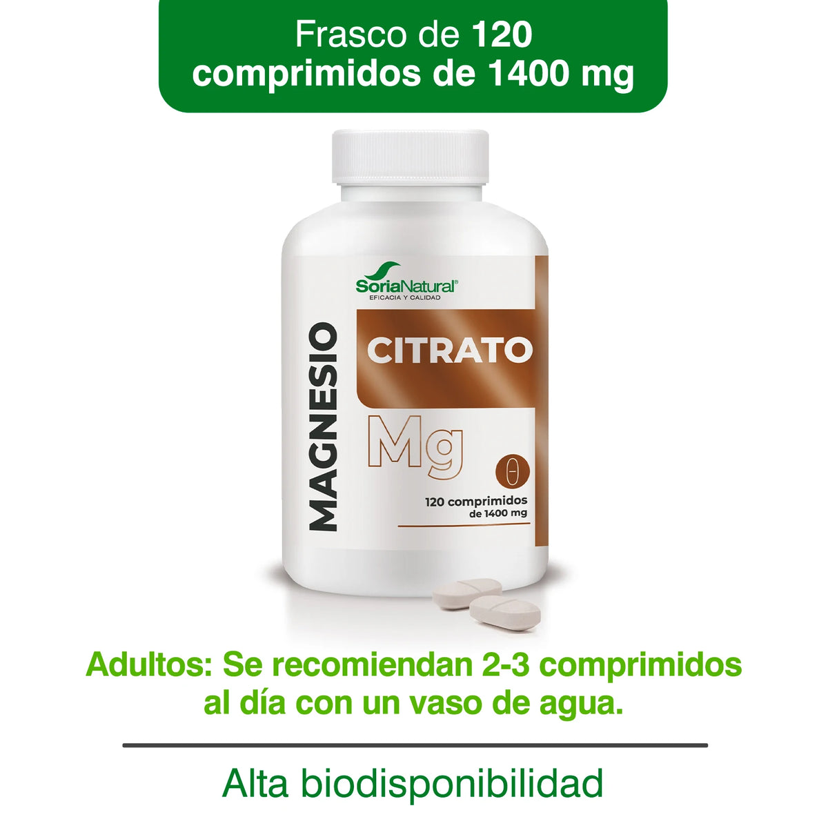 Soria Natural Magnesio Citrato de ALTA ABSORCIÓN - Complemento Alimenticio para Músculos, Huesos Energía y Sistema Nervioso - 120 comprimidos