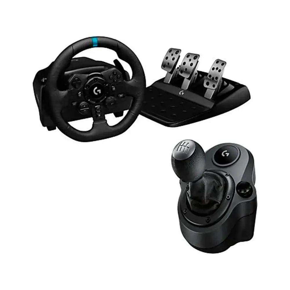 Logitech G29 SE Driving Force Steering Wheel + Shifter for PS5/PS4/PS3/PC, featuring TRUEFORCE technology, leather and aluminum construction, 6-speed H-pattern shifter, and progressive brake pedal for ultimate racing simulati