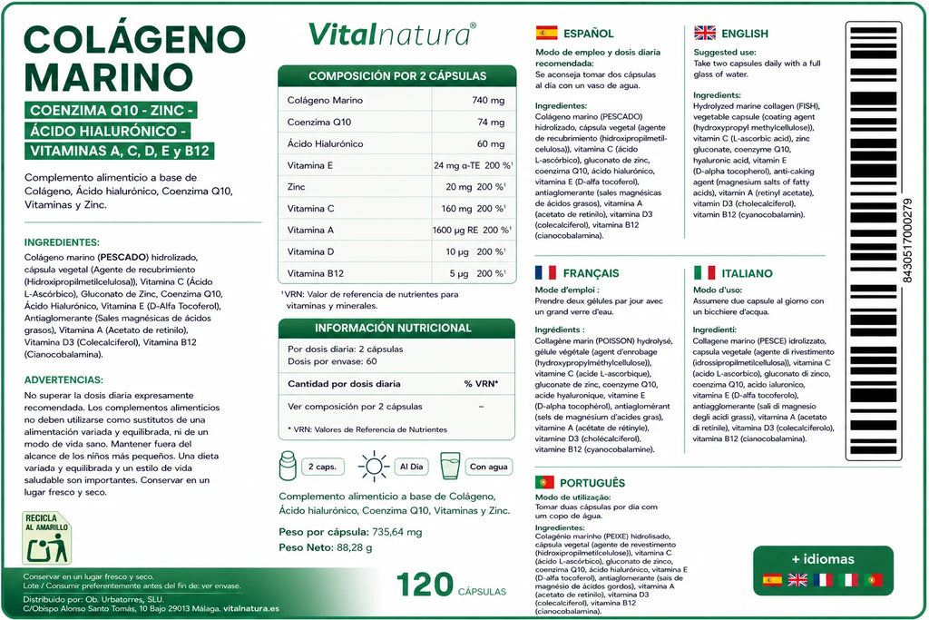 Colágeno Complex Marino Hidrolizado Vitalnatura con Ácido Hialurónico y Vitaminas – 120 Cápsulas - Pack Dúo Ahorro (2 botes)
