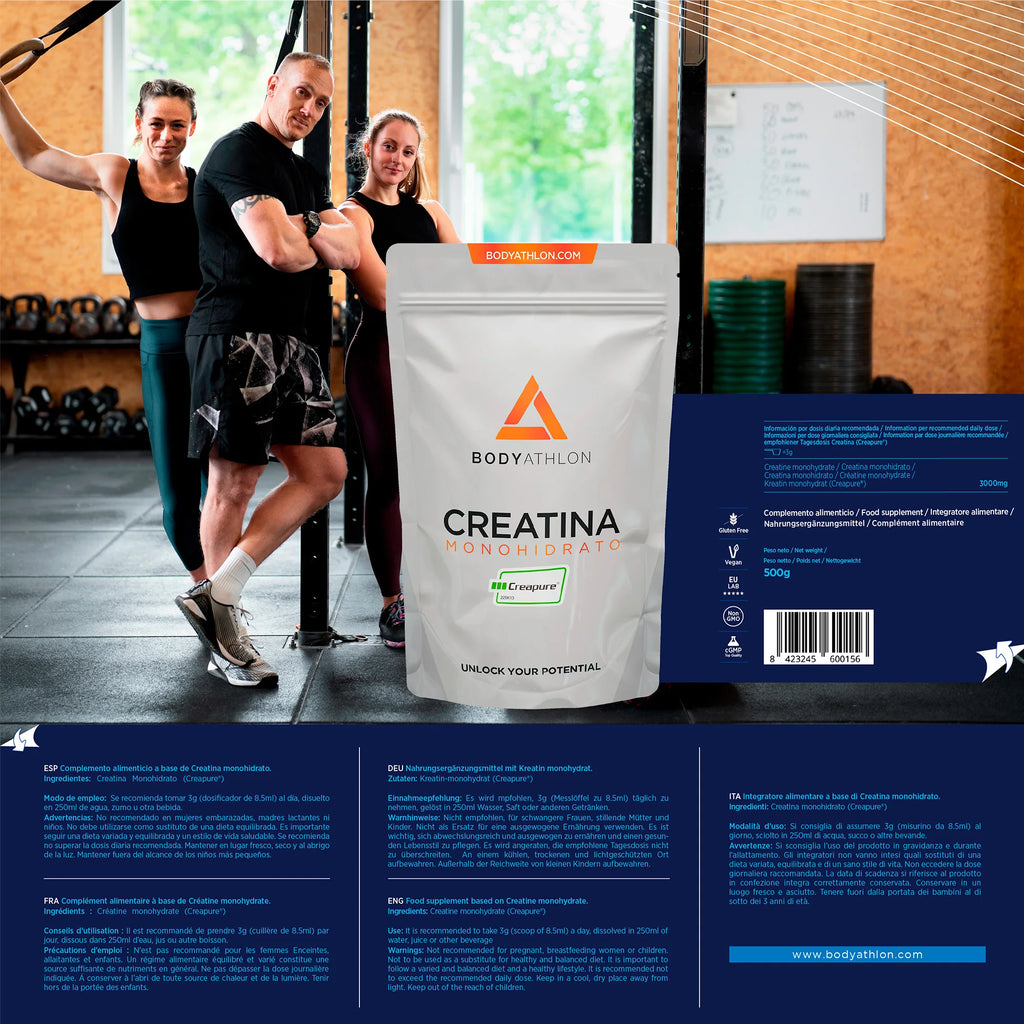 Bodyathlon - Creatina CREAPURE Polvo 500g- 166 Porciones- Calidad garantizada- 3000mg Creatina Monihidratada Creapure en polvo pura- Aumenta tu masa muscular- Sin sabor- Con dosificador