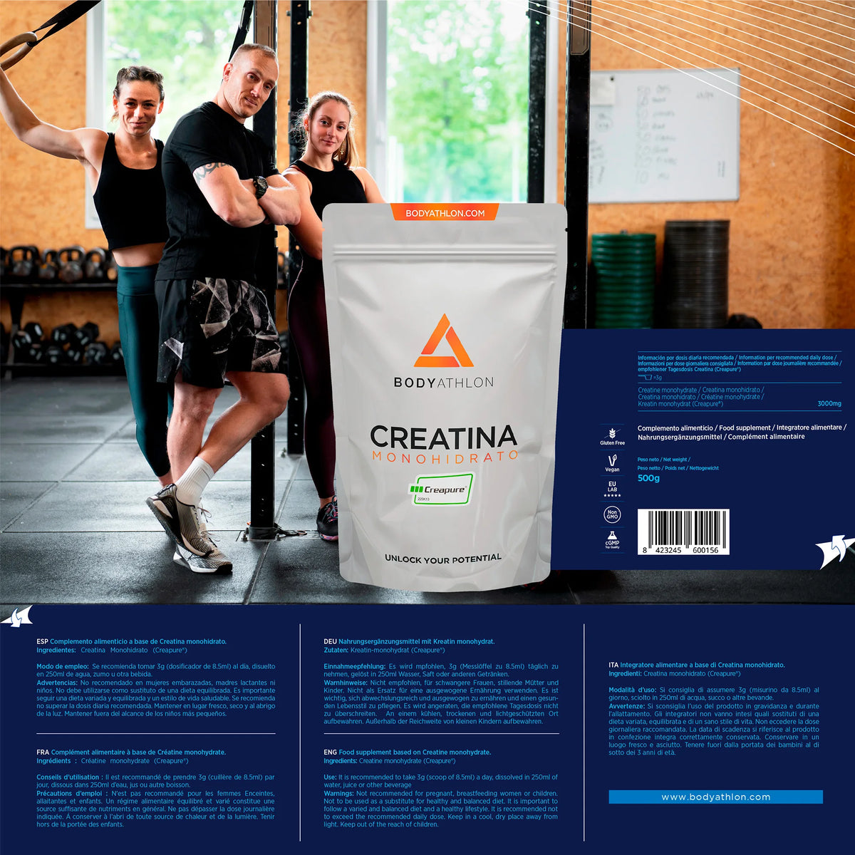 Bodyathlon - Creatina CREAPURE Polvo 500g- 166 Porciones- Calidad garantizada- 3000mg Creatina Monihidratada Creapure en polvo pura- Aumenta tu masa muscular- Sin sabor- Con dosificador