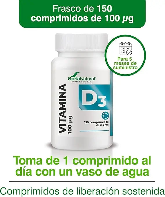 Vitamina D3 4000 UI (100 μg) Soria Natural - Vitamina d Vegana Ayuda a reforzar el Sistema Inmunitario, Huesos, Músculos y Dientes Fuertes | 150 Comprimidos para 5 meses | Vitaminas Mujer y Hombre