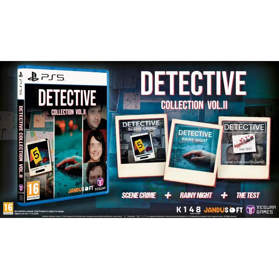 Detective Collection Vol 2 - Playstation 5 - New Sealed PAL Spain, featuring three detective games including Scene Crime, Rainy Night, and The Test for PS5, suitable for ages 16 and up, perfect for RPG enthusiasts and puzzle