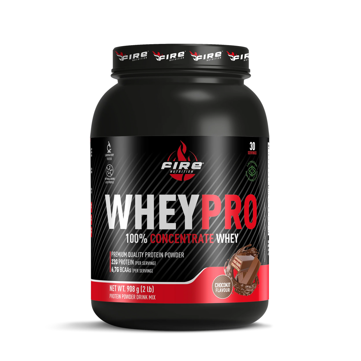 Proteína  Whey Pro Fire Nutrition. Proteína Concentrada de Suero 908 g Sabor Chocokit – 22 g de Proteína y 6,7 g de BCAA por Servicio
