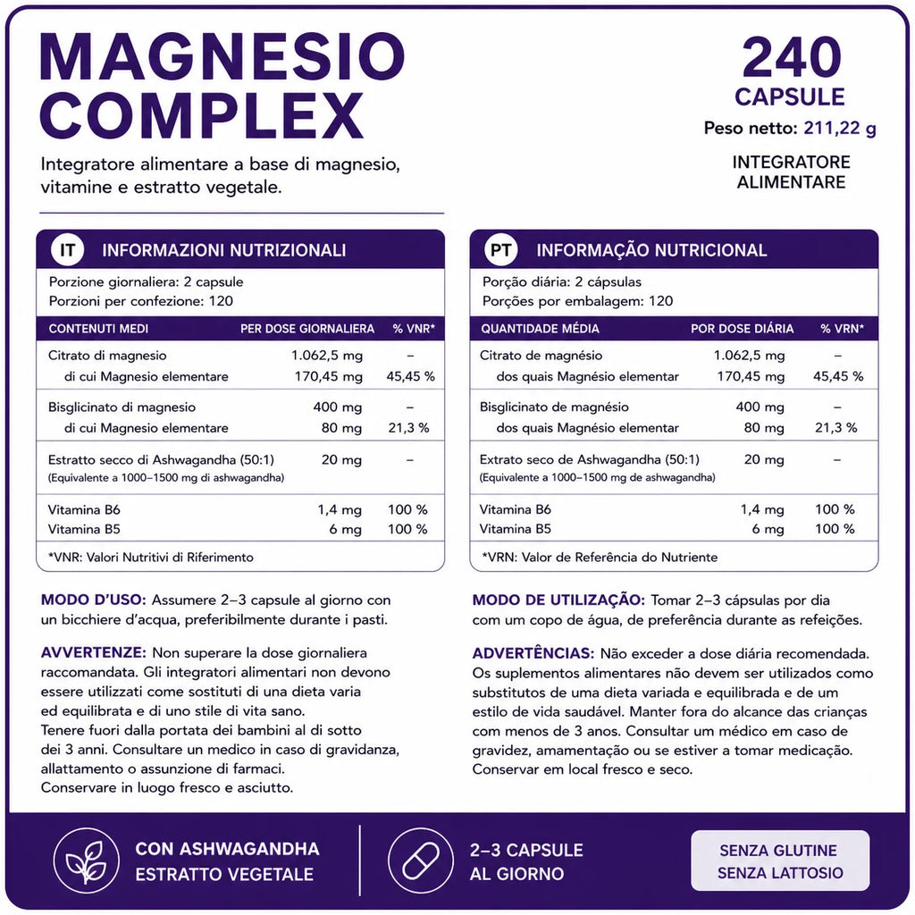 Magnesio Complex Vitalnatura con Bisglicinato, Citrato, Ashwagandha y Vitaminas B5 y B6