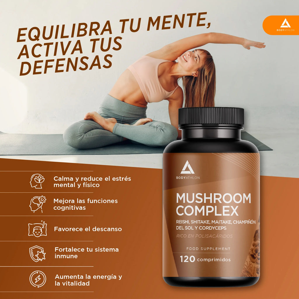 Mushroom Complex 120 comprimidos- Reishi shitake y maitake+ Champiñon del Sol+ Cordyceps| Hongos adaptógenos- Estrés, memoria y concentración- Complejo Super Hongos con Polisacaridos- Bodyathlon