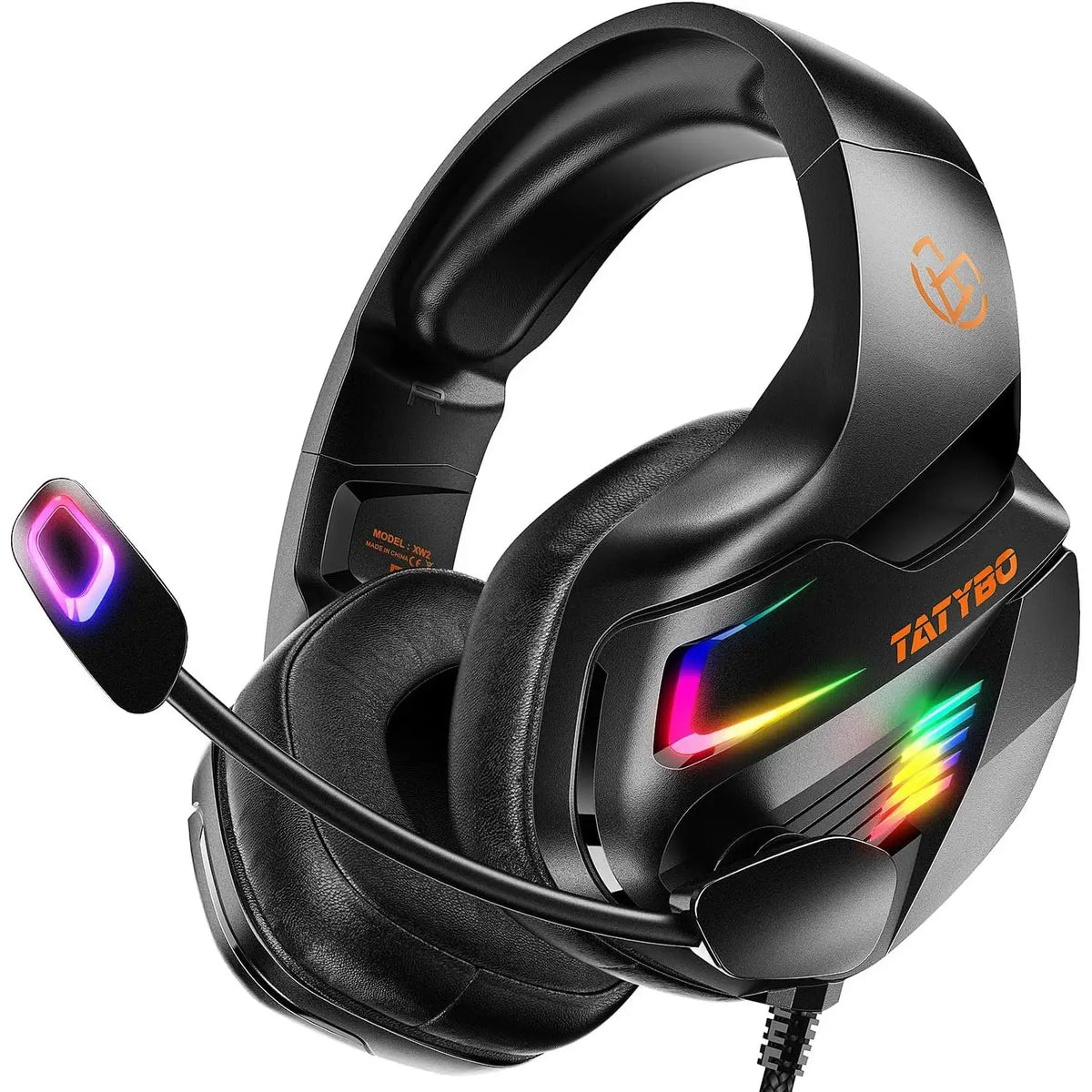 Gaming Headset with Noise Cancelling Microphone, featuring 50mm surround sound, large ear cushions, adjustable headband, and RGB lighting modes for PS4, PS5, Xbox One, PC, and Switch.