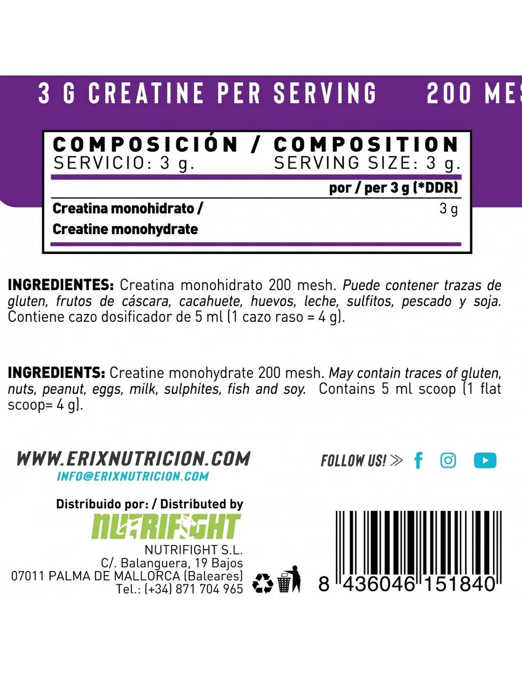 ERIX Nutrición Creatina Neutra 300 gr.