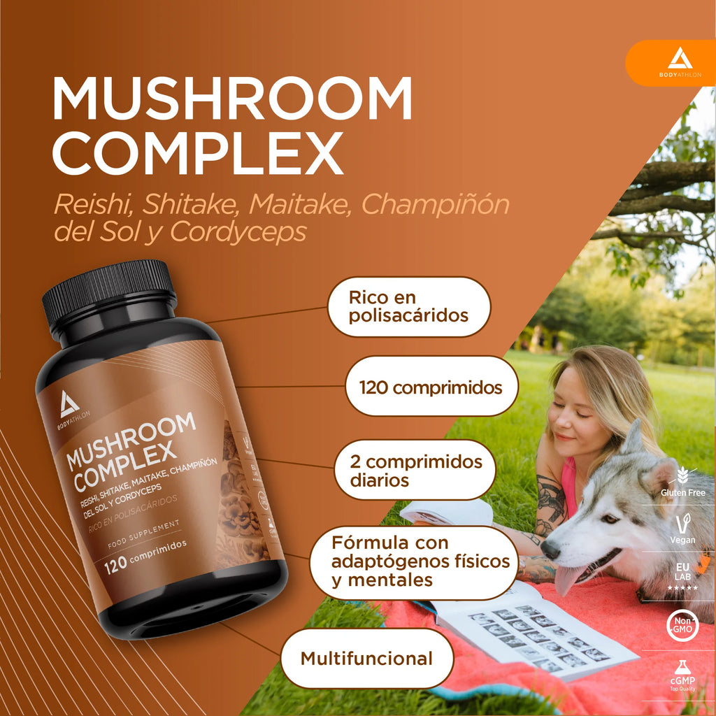 Mushroom Complex 120 comprimidos- Reishi shitake y maitake+ Champiñon del Sol+ Cordyceps| Hongos adaptógenos- Estrés, memoria y concentración- Complejo Super Hongos con Polisacaridos- Bodyathlon