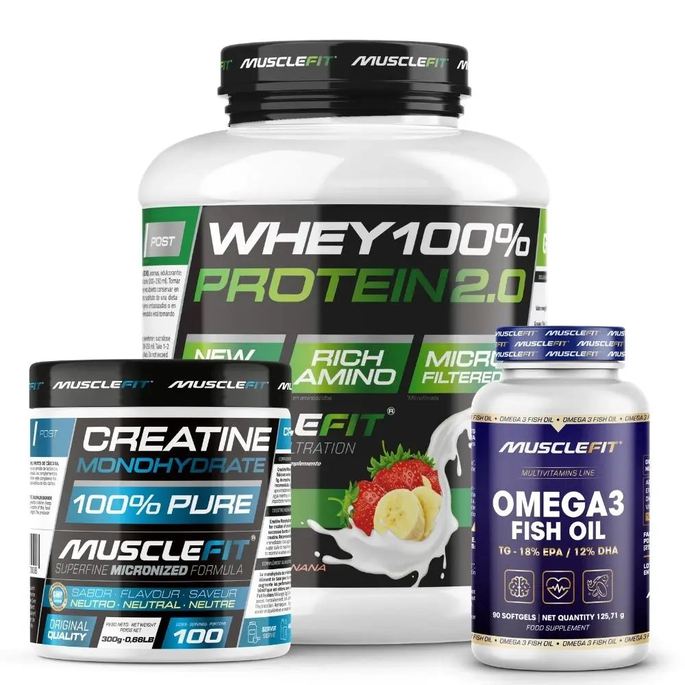 Pack Proteína WHEY 2kg + Creatina 300g + Omega 3 90cáps - Musclefit  Avance Muscular│Mas musculos│Vitaminas
