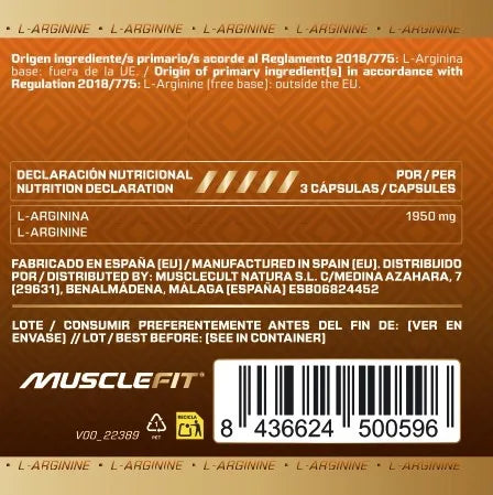 100% Arginina - MuscleFit│90 cápsulas│MUSCLECULT│Complemento alimenticio a base de L-Arginina Pura