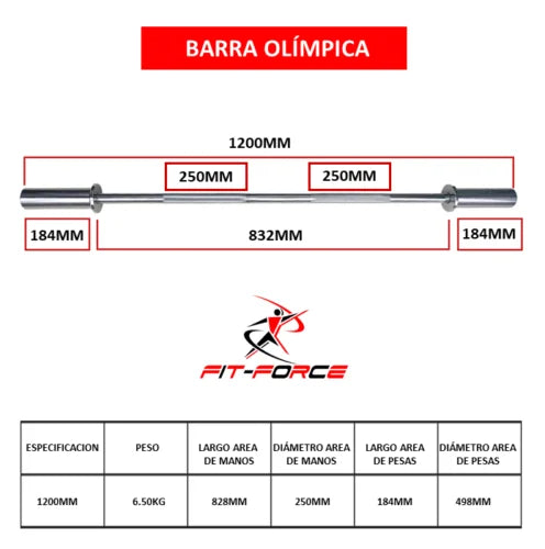 Barra Olímpica Cromada de Alta Carga marca Fit-Force 1200mm - Ejercicios de Musculación