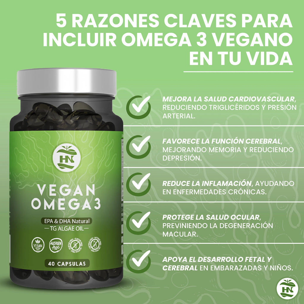 HN Healthy Nutrition Omega 3 Vegano (Aceite de Algas) EPA & DHA - 40 Cápsulas Blandas - Complemento Alimenticio
