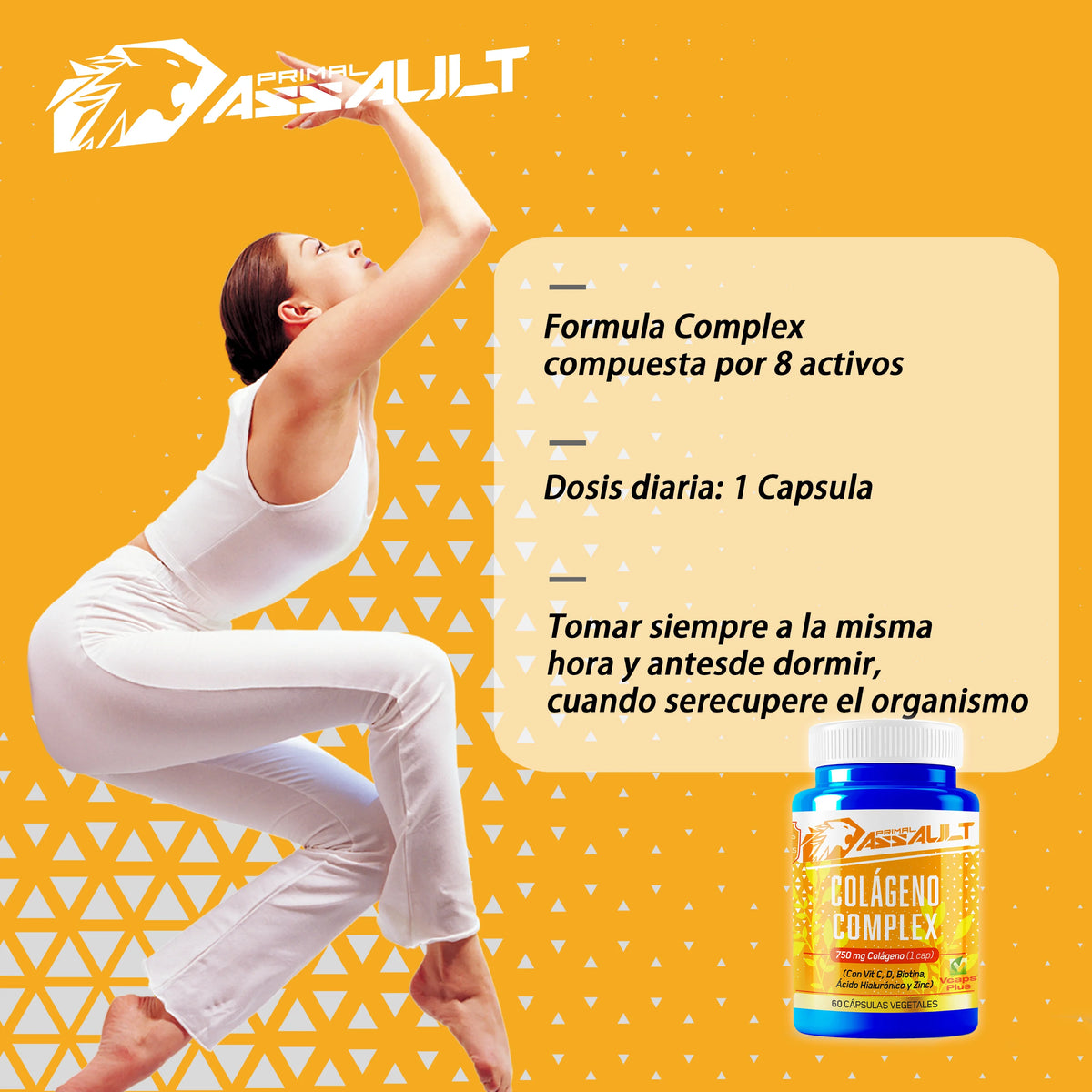 PRIMAL ASSAULT | Colágeno Ácido Hialurónico - Hidrolizado + Biotina + Q10 - Piel Cartílago - Vit C D B12 y Zinc - Collagen Complex - 60 Cápsulas