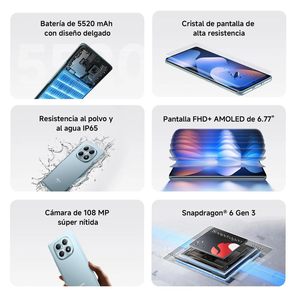 Xiaomi Redmi Note 15 5G smartphone with Snapdragon 6 Gen 3, 8GB RAM, 256GB storage, 6.77" AMOLED display, 108MP camera, 5520mAh battery, IP65 water and dust resistance, ideal for seamless performance and vivid visuals.