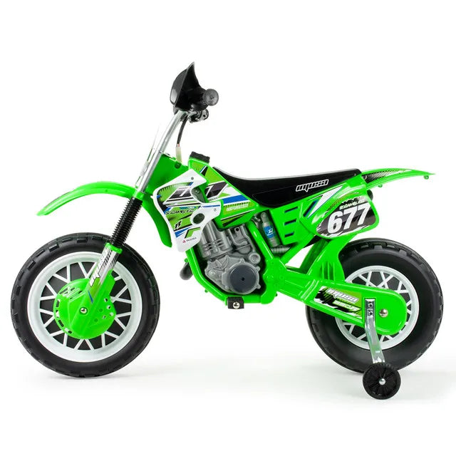Injusa - cross cr children's electric motorcycle |   Battery motorcycle for children from 3 to 6 years |   6v battery |   Grip throttle |   Eva rubber bands on wheels |   Stabilizing wheels |   Max speed 6 km/h |   Green and