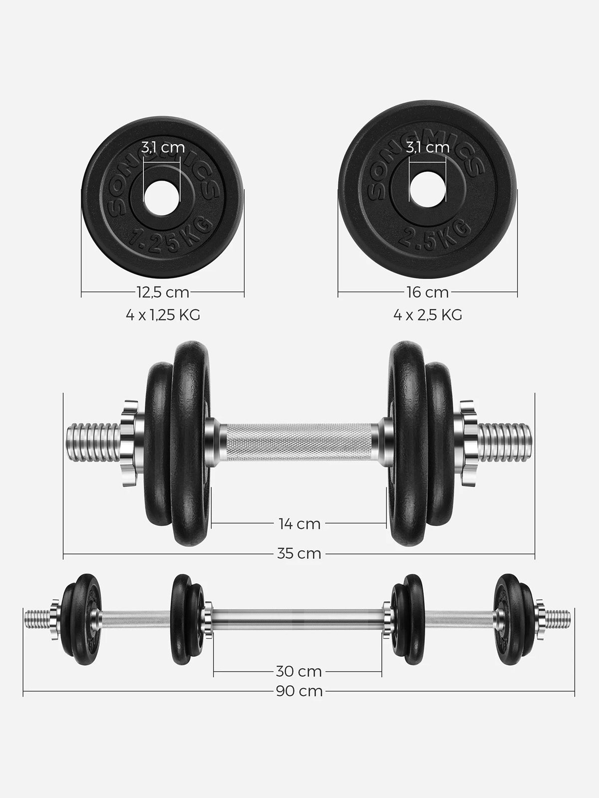 SONGMICS Juego de Mancuernas Ajustables de Hierro Fundido, con Barra Adicional,para Hombres y Mujeres, Entrenamiento de Fitness, Levantamiento de Pesas en el Gimnasio de casa