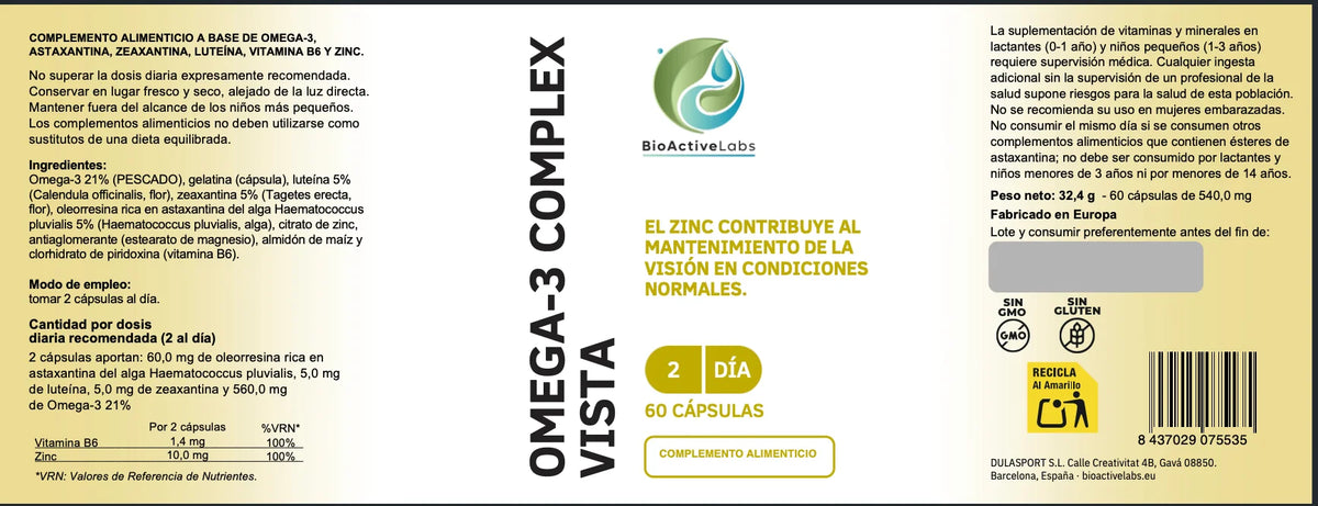 Omega 3 + lutein and zeaxanthin – vista complex with astaxanthin, zinc and vitamin b6 – visual care – 60 epa and dha capsules of fish oil – gluten fre | BioActiveLabs