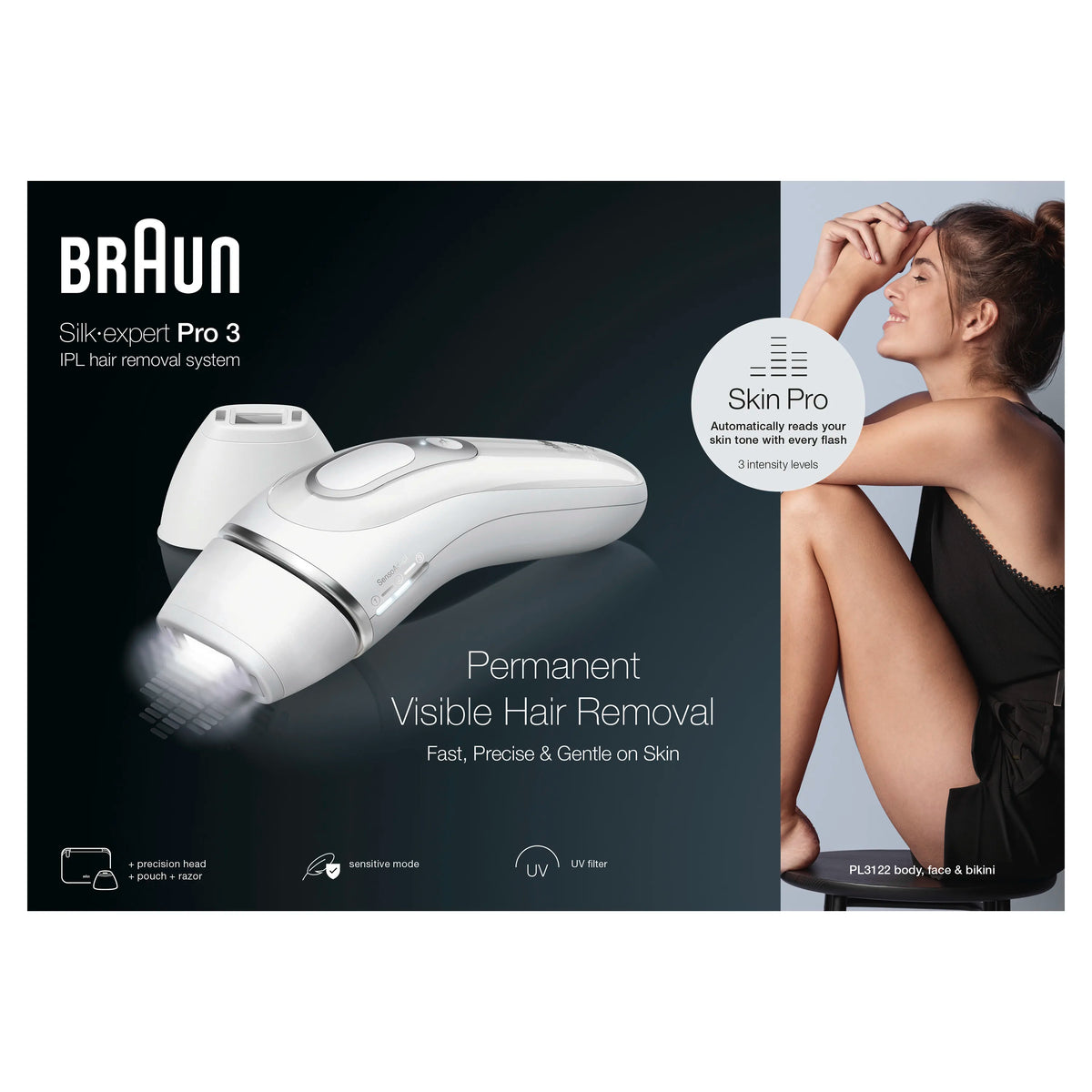 Braun Luz Pulsada Silk-expert Pro 3 Depiladora IPL. Eliminación Del Vello En Casa, Alternativa Para Depilación Láser, Con Funda, Maquinilla De Depilación Venus, 2 Cabezales, Regalo Para Mujer, Blanca/Plateada