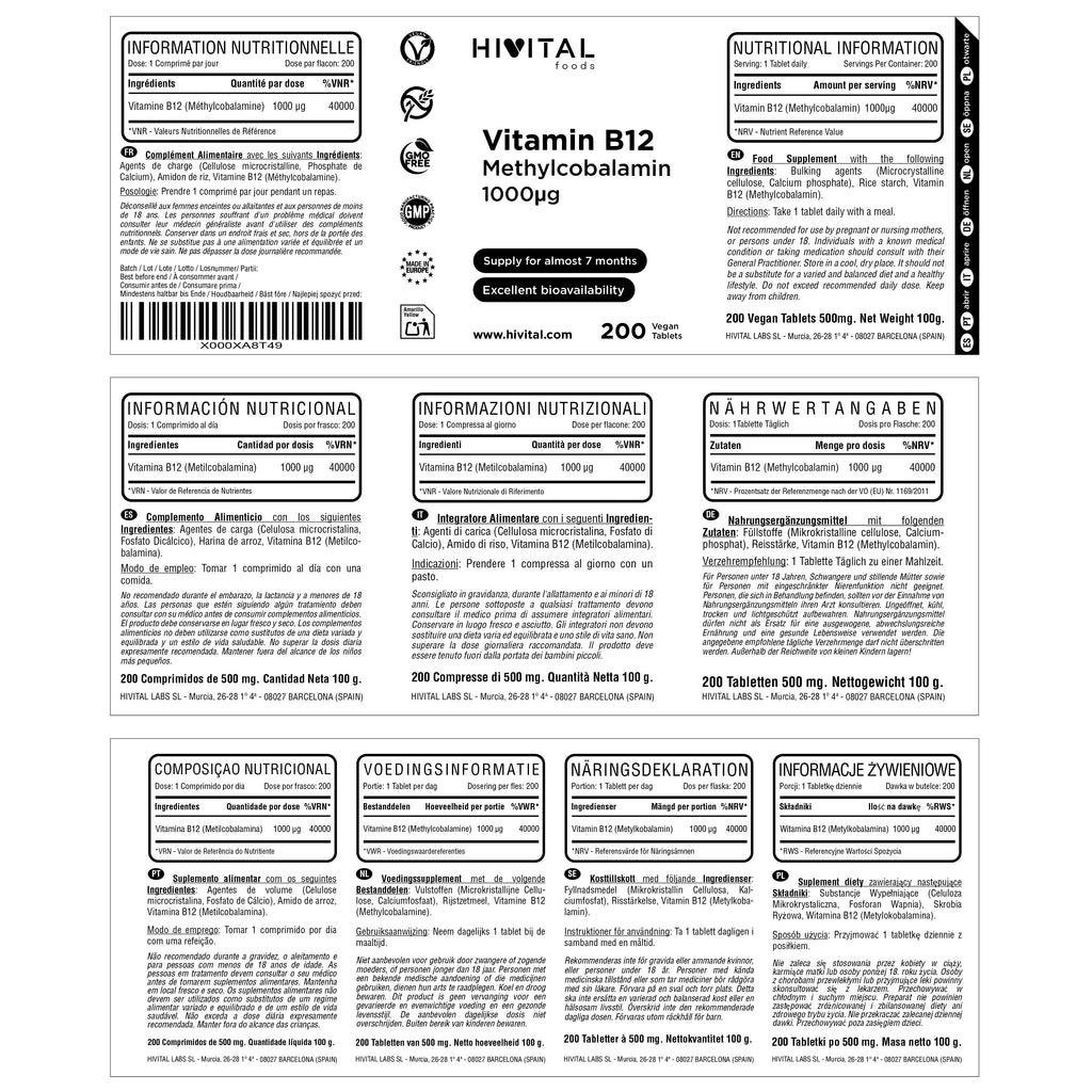Vitamina B12 Metilcobalamina 1000 mcg | 200 comprimidos veganos. Hivital