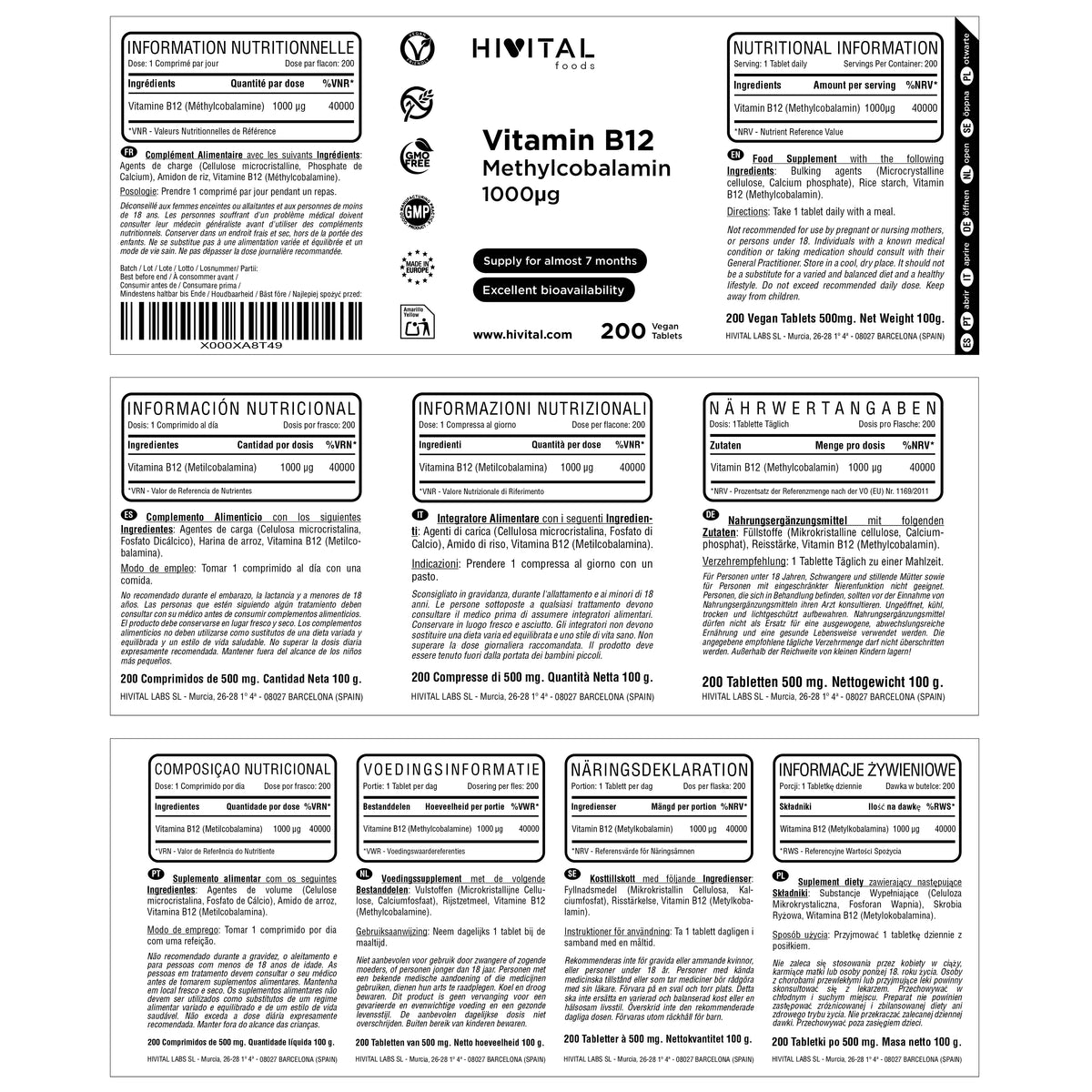 Vitamina B12 Metilcobalamina 1000 mcg | 200 comprimidos veganos. Hivital