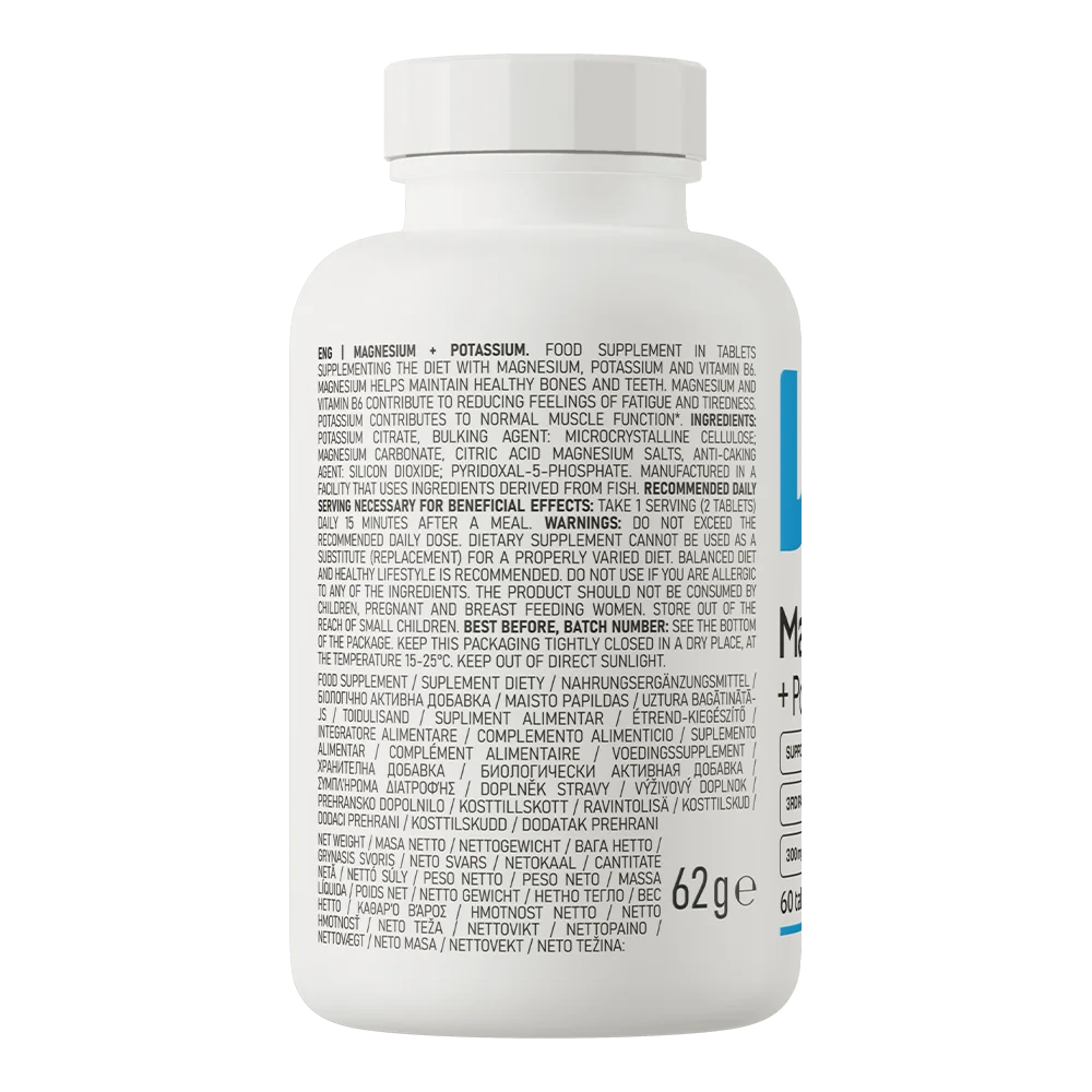 OstroVit - Complemento alimenticio Magnesio + Potasio 60 comprimidos con vitamina B6 para apoyo diario del sistema nervioso y muscular