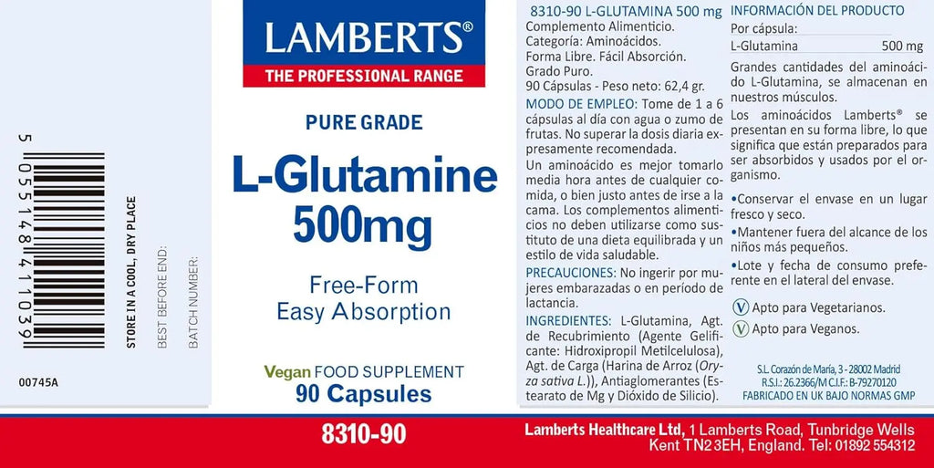 Lamberts L-Glutamina 500 mg - 90 Cápsulas