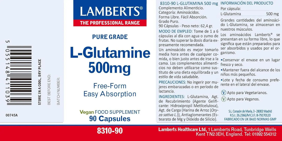 Lamberts L-Glutamina 500 mg - 90 Cápsulas