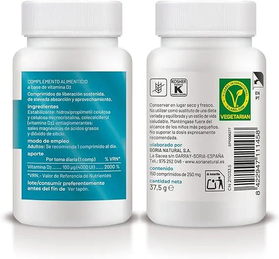 Vitamina D3 4000 UI (100 μg) Soria Natural - Vitamina d Vegana Ayuda a reforzar el Sistema Inmunitario, Huesos, Músculos y Dientes Fuertes | 150 Comprimidos para 5 meses | Vitaminas Mujer y Hombre
