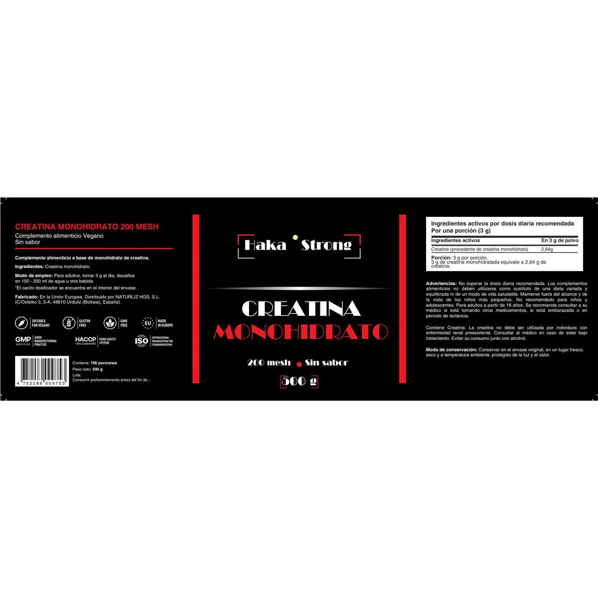 Creatina Monohidrato Haka Strong 500 g - 200 Mesh - 166 servicios (5-6 Meses) - Incluye Dosificador - Fácil Disolución - Apta para Veganos. PROMOCIÓN DE LANZAMIENTO. UNIDADES LIMITADAS.