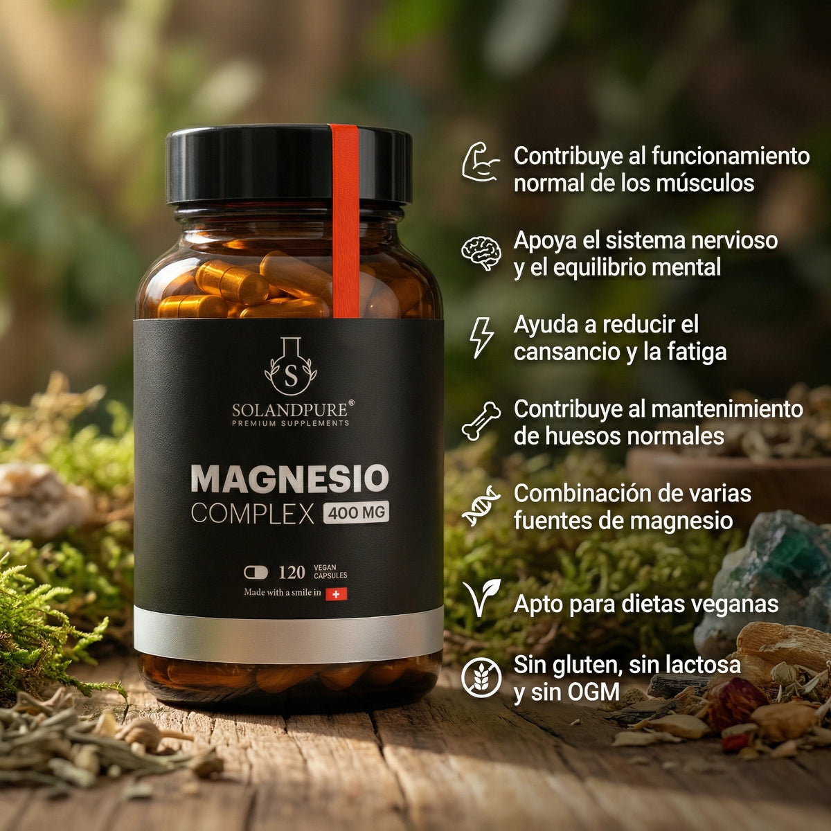 Magnesio Complex 750 mg – 120 Cápsulas Vegetarianas con 5 Formas de Magnesio (Bisglicinato, Citrato, Malato, Pidolato y Carbonato) para Energía, Sistema Nervioso y Reducción del Cansancio - Calidad Premium Solandpure®